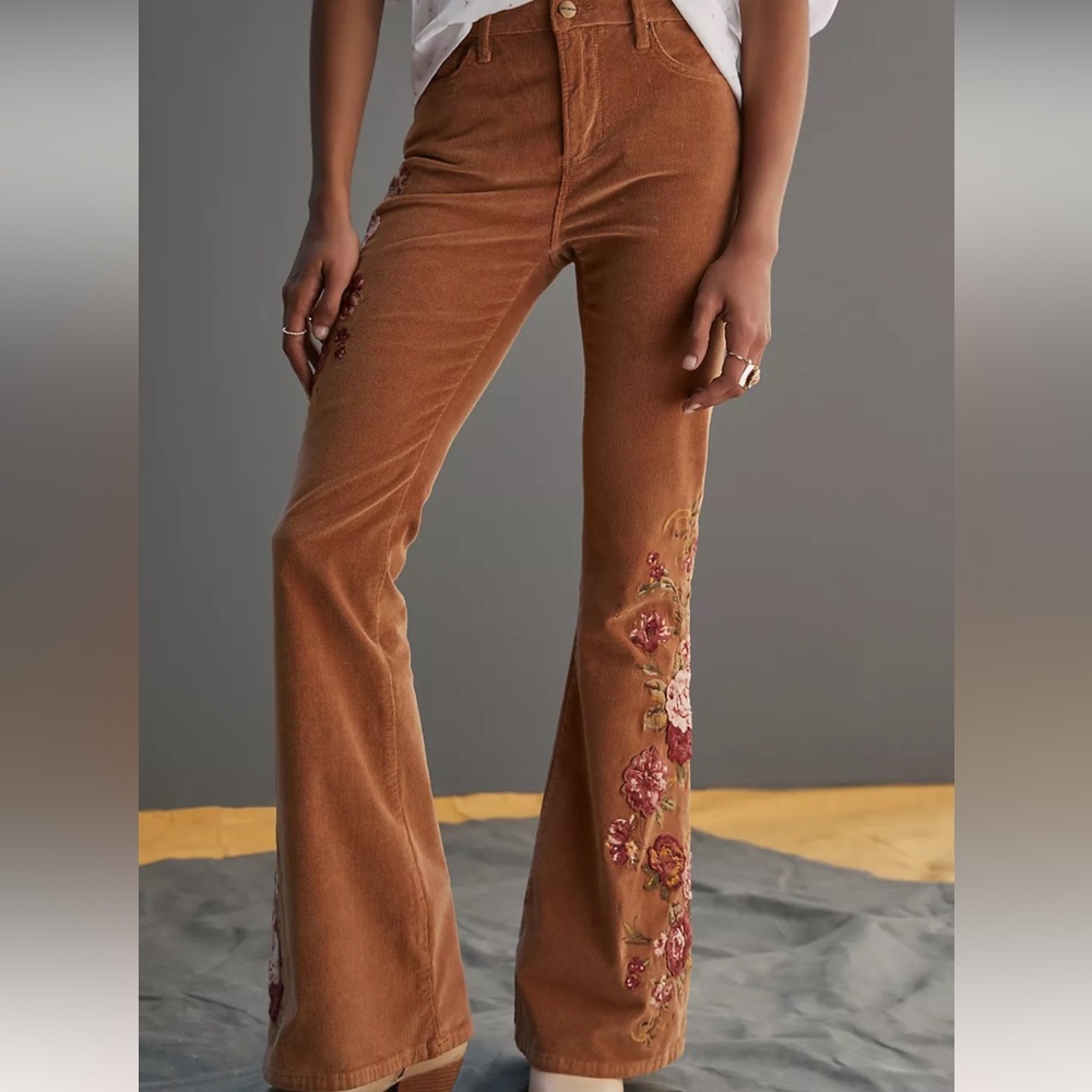 Anthropology Driftwood Farrah Embroidered Flared Corduroy Pants